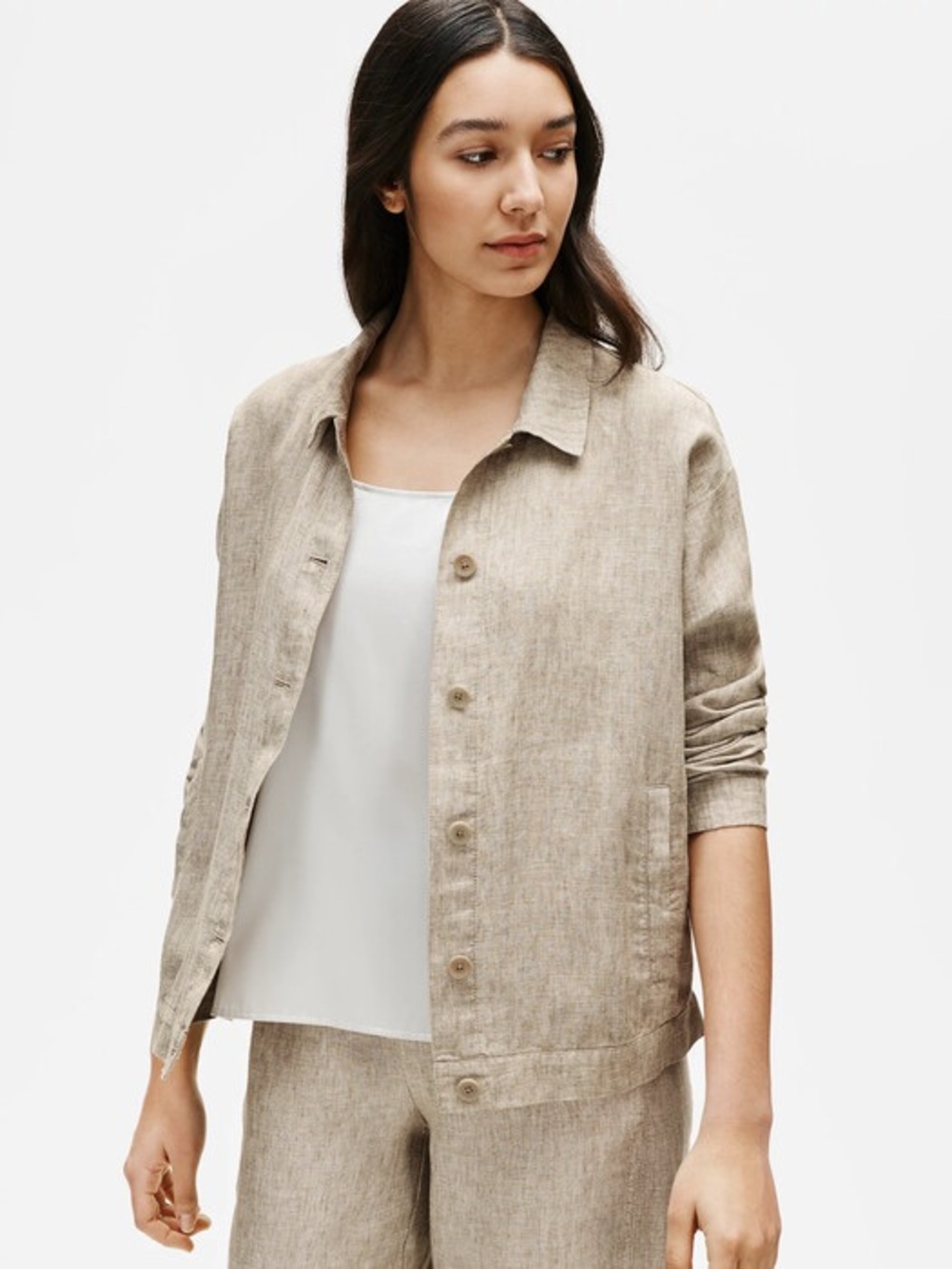 Eileen Fisher Relaxed 100% Organic Linen Button Jacket Neutral Beige XL Minimal